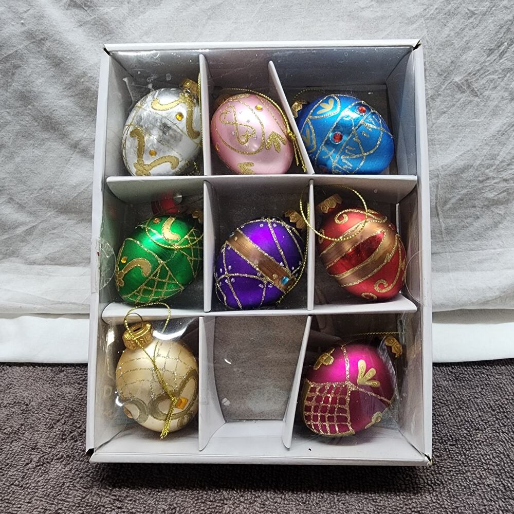 Kurt Adler Set of 8 glass Christmas Ornaments painted oval egg shaped b34